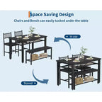 Ensemble de salle à manger 4 pièces pour 4 personnes, table de cuisine en bois avec 2 chaises et banc, ensemble de table de cuisine rectangulaire avec étagère de rangement pour salon