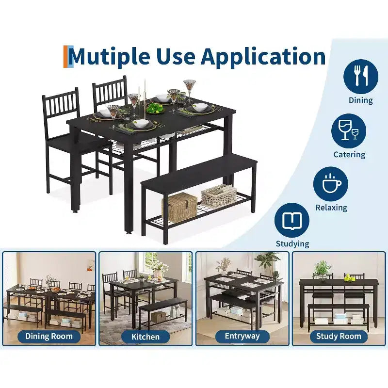 Ensemble de salle à manger 4 pièces pour 4 personnes, table de cuisine en bois avec 2 chaises et banc, ensemble de table de cuisine rectangulaire avec étagère de rangement pour salon