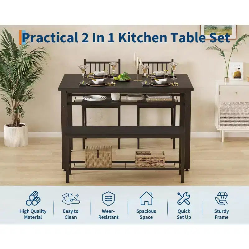 Ensemble de salle à manger 4 pièces pour 4 personnes, table de cuisine en bois avec 2 chaises et banc, ensemble de table de cuisine rectangulaire avec étagère de rangement pour salon