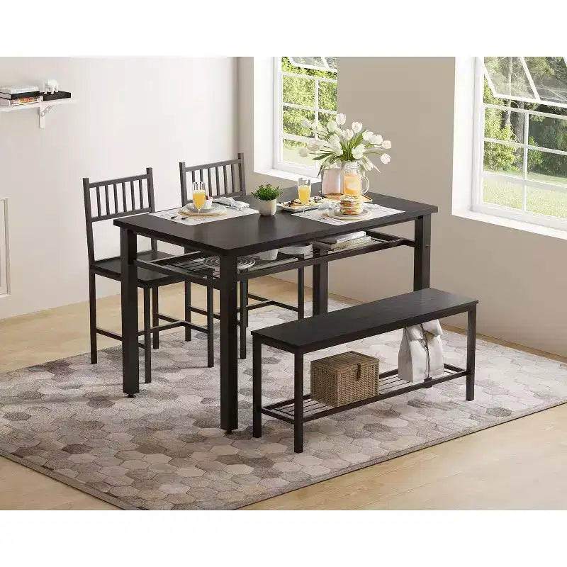 Ensemble de salle à manger 4 pièces pour 4 personnes, table de cuisine en bois avec 2 chaises et banc, ensemble de table de cuisine rectangulaire avec étagère de rangement pour salon