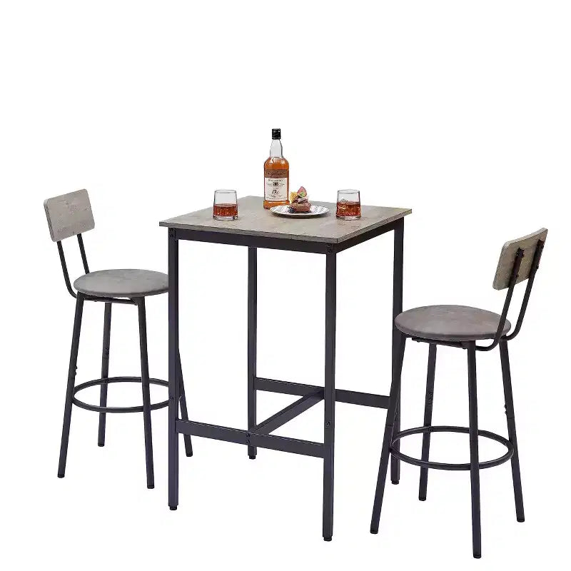 Bar Table Set with 2 Bar Stools, PU Soft Seats & Backrests, Particle Board, for Bar, Home, Office, or Living Room, Grey, One Size