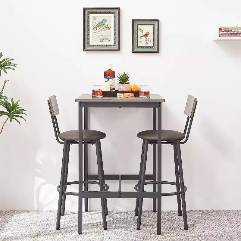 Table de bar avec 2 tabourets de bar, sièges et dossiers souples en PU, panneaux de particules, pour bar, maison, bureau ou salon, gris, taille unique