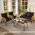 Ensemble bistro 4 pièces en osier avec table d'appoint en verre et chaises modernes en rotin, pour appartement, arrière-cour, porche, balcon, pelouse