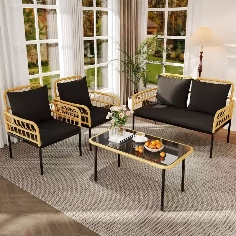 Ensemble bistro 4 pièces en osier avec table d'appoint en verre et chaises modernes en rotin, pour appartement, arrière-cour, porche, balcon, pelouse