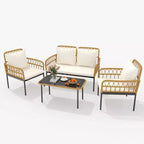 Ensemble bistro 4 pièces en osier avec table d'appoint en verre et chaises modernes en rotin, pour appartement, arrière-cour, porche, balcon, pelouse