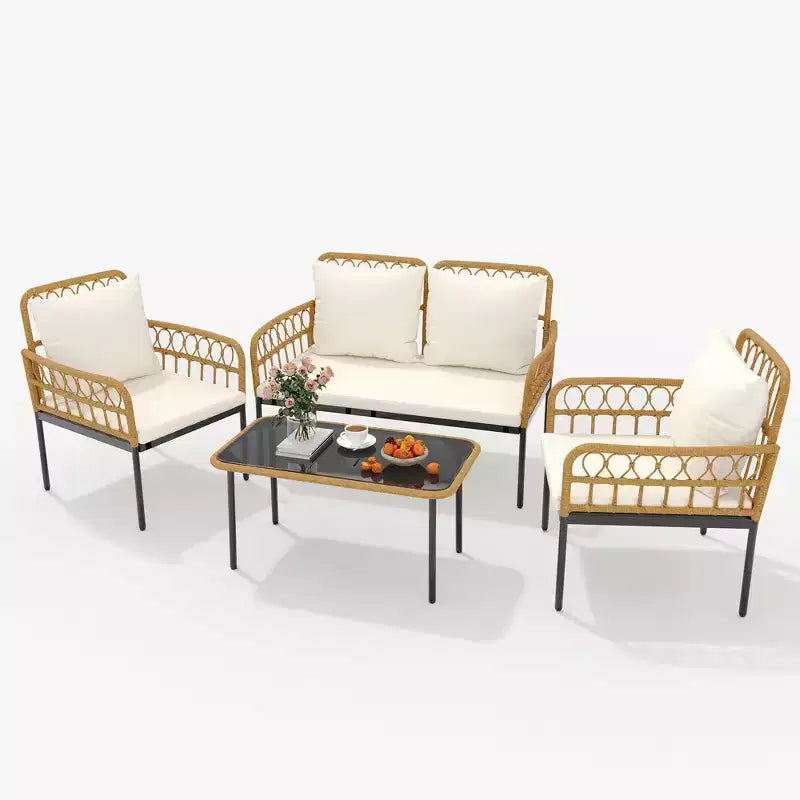 Ensemble bistro 4 pièces en osier avec table d'appoint en verre et chaises modernes en rotin, pour appartement, arrière-cour, porche, balcon, pelouse
