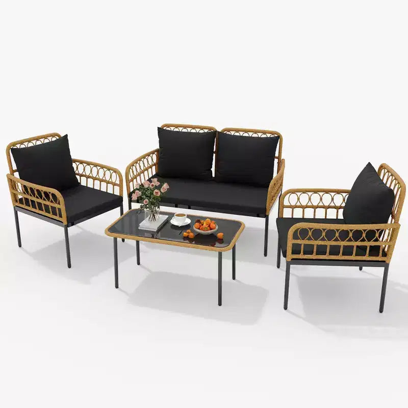 Ensemble bistro 4 pièces en osier avec table d'appoint en verre et chaises modernes en rotin, pour appartement, arrière-cour, porche, balcon, pelouse
