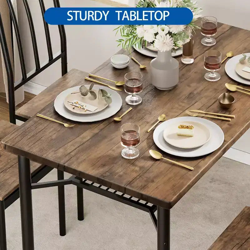 Ensemble de salle à manger COZONY 4 pièces style ferme, table et chaises de cuisine en bois avec rangement et pieds réglables