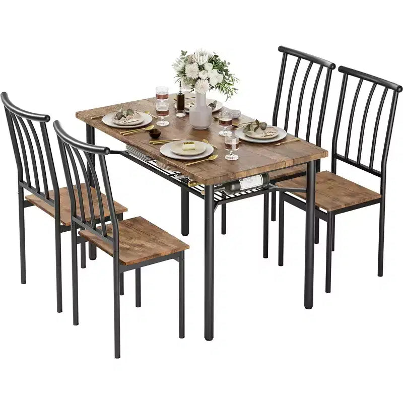Ensemble de salle à manger COZONY 4 pièces style ferme, table et chaises de cuisine en bois avec rangement et pieds réglables