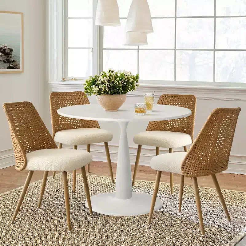 Small Round 5 Piece Dining Table Set for 4, 35 Round Pedestal Table with 4 Boucle Dining Chairs Double Layer Rattan Back. Dining Room-Panipeachy