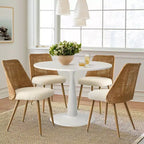 Small Round 5 Piece Dining Table Set for 4, 35 Round Pedestal Table with 4 Boucle Dining Chairs Double Layer Rattan Back. Dining Room-Panipeachy