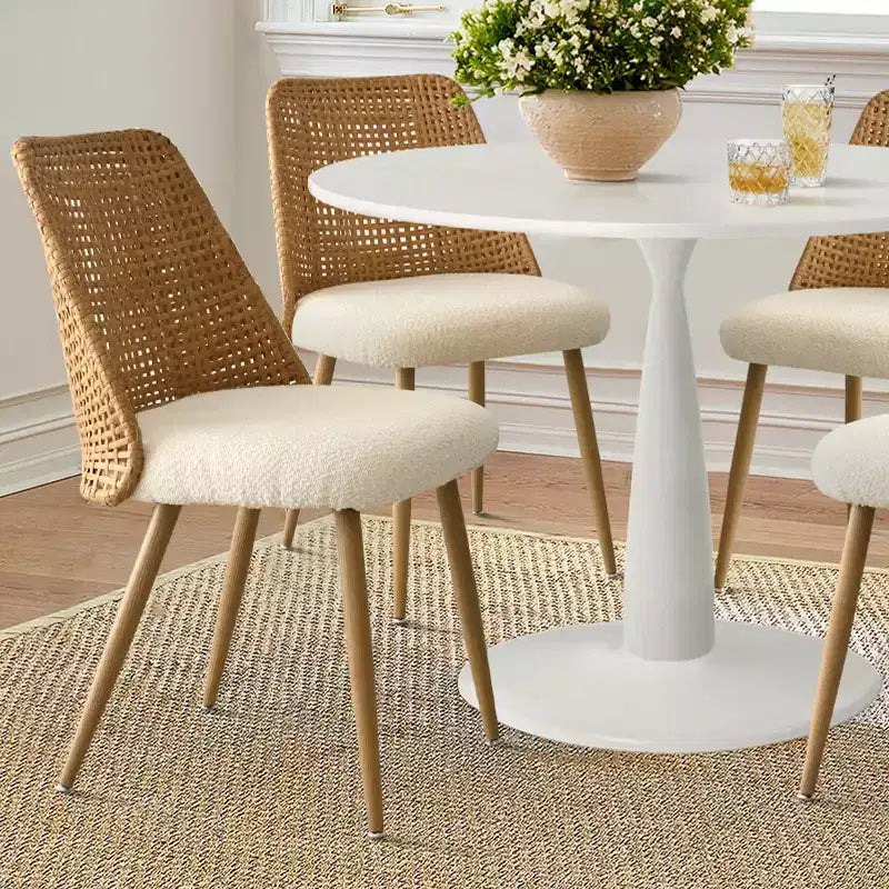 Ensemble de salle à manger 5 pièces petite table ronde pour 4, table piédestal ronde 35 pouces avec 4 chaises de salle à manger en bouclette dossier en rotin double couche. Salle à manger-Panipeachy