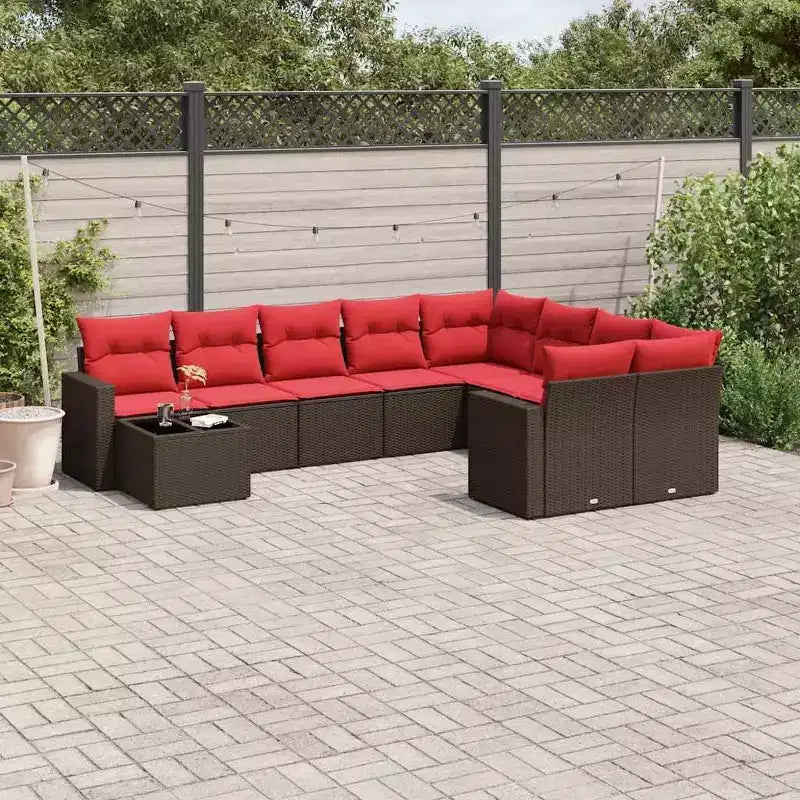 vidaXL Ensemble de canapés de jardin 10 pièces avec coussins en rotin synthétique marron (États-Unis uniquement) - Marron et rouge