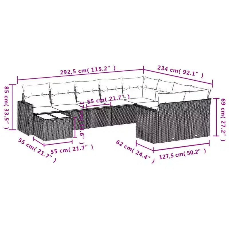 vidaXL Ensemble de canapés de jardin 10 pièces avec coussins en rotin synthétique marron (États-Unis uniquement) - Marron et rouge