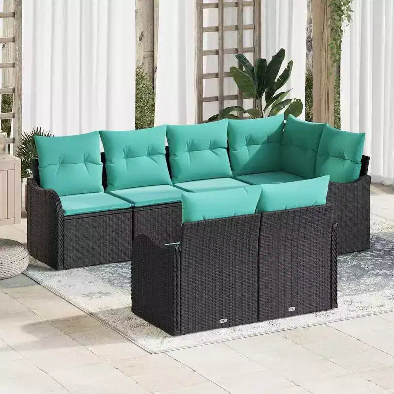 vidaXL Salon de jardin avec coussins 7 pcs Résine tressée noir - Noir et turquoise