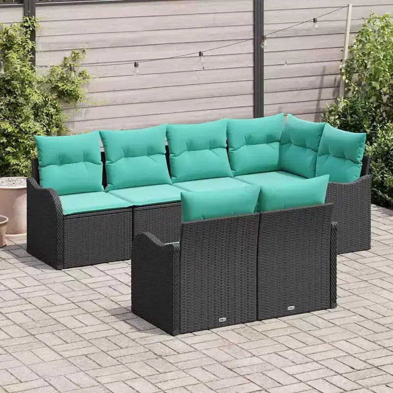 vidaXL Salon de jardin avec coussins 7 pcs Résine tressée noir - Noir et turquoise