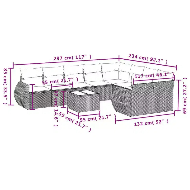 vidaXL Salon de jardin 10 pièces avec coussins - Gris et bleu avec table