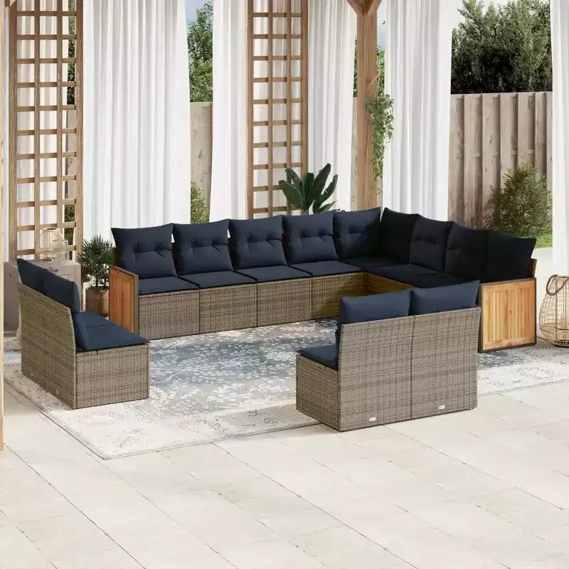 vidaXL Salon de jardin modulable avec coussins, Résine tressée, Noir/Gris, 12-13 pièces, Intérieur/Extérieur