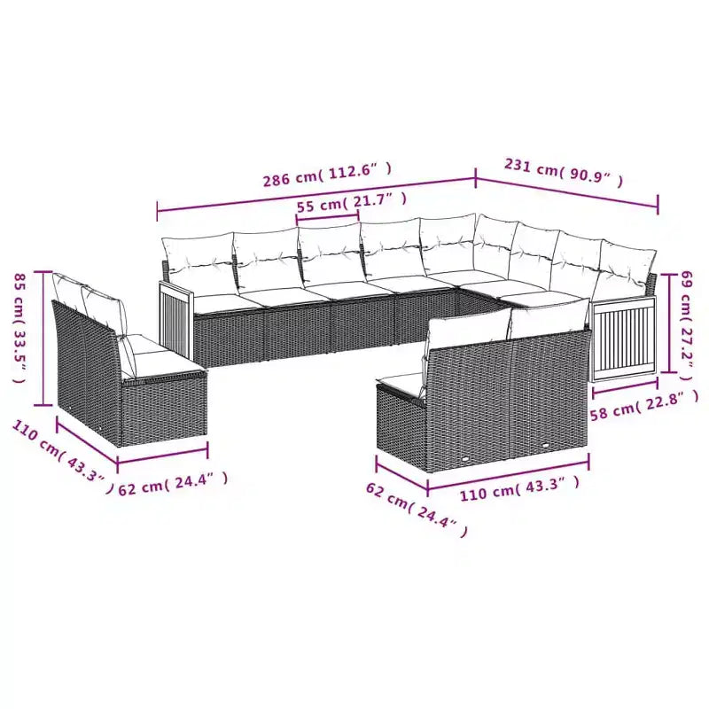 vidaXL Salon de jardin modulable avec coussins, Résine tressée, Noir/Gris, 12-13 pièces, Intérieur/Extérieur