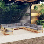 vidaXL Salon de jardin 11 pièces avec coussins gris en pin massif