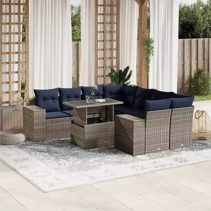 vidaXL Salon de jardin avec coussins, table et canapés 9 pièces en résine tressée