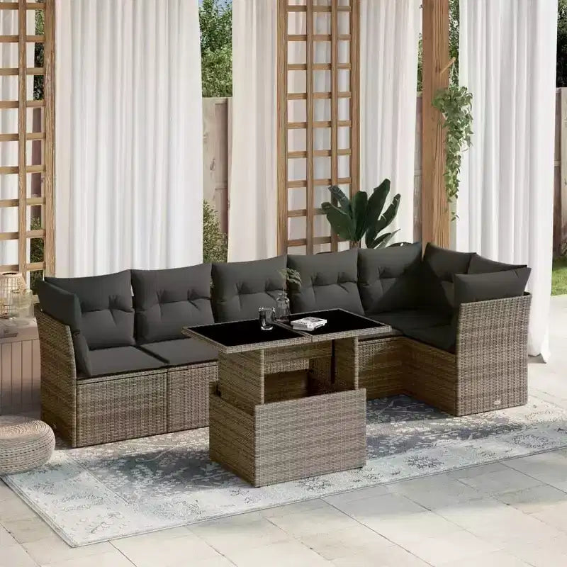 vidaXL Ensemble de canapés de jardin 7 pièces avec coussins, sectionnel d'extérieur en résine tressée, modulable, table ajustable