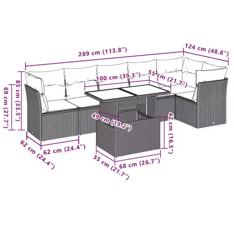 vidaXL Ensemble de canapés de jardin 7 pièces avec coussins, sectionnel d'extérieur en résine tressée, modulable, table ajustable
