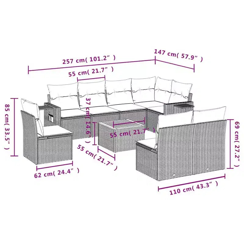 vidaXL Salon de jardin 9 pcs avec coussins résine tressée noir