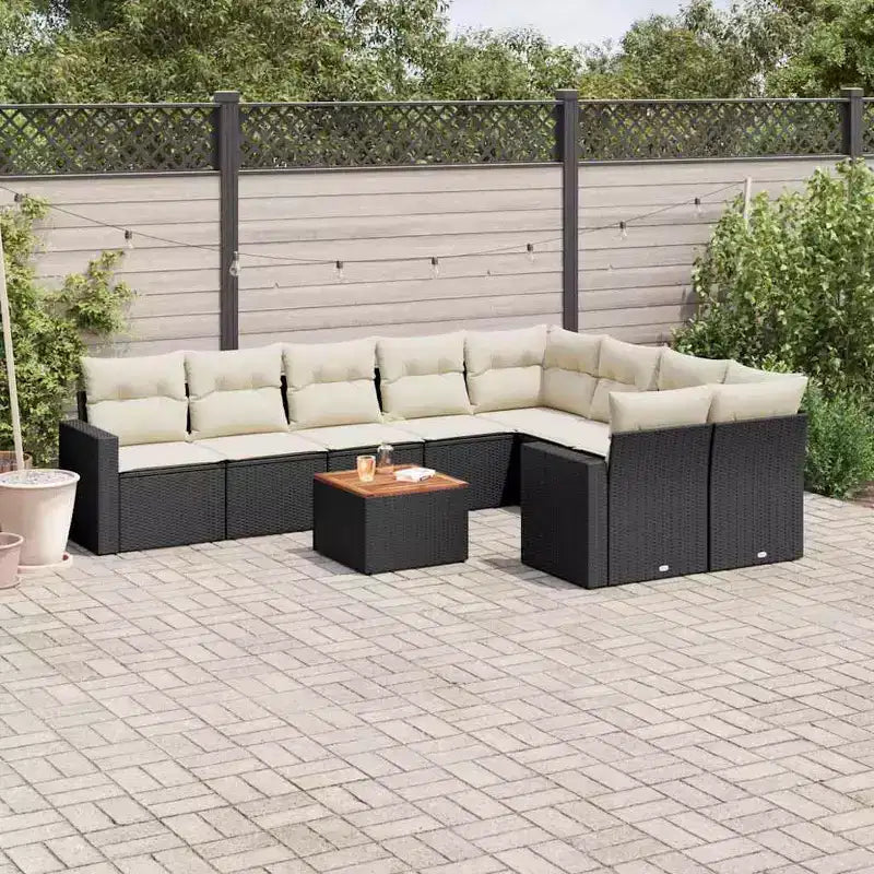vidaXL Salon de jardin 10 pcs avec coussins résine tressée noir – Noir et crème 5x milieu + table + 2x coin