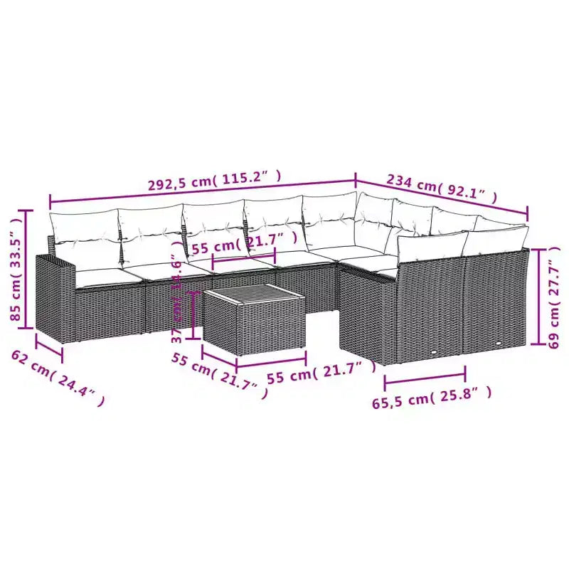 vidaXL Salon de jardin 10 pcs avec coussins résine tressée noir – Noir et crème 5x milieu + table + 2x coin