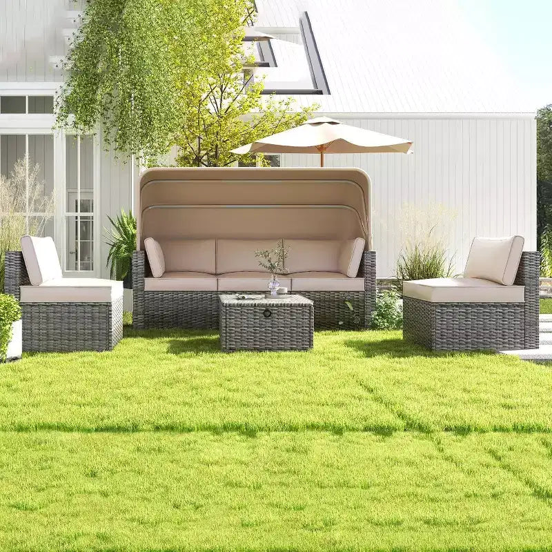 Ensemble de 6 chaises longues d'extérieur avec auvent rétractable, salon de jardin avec dossiers réglables, chaises longues