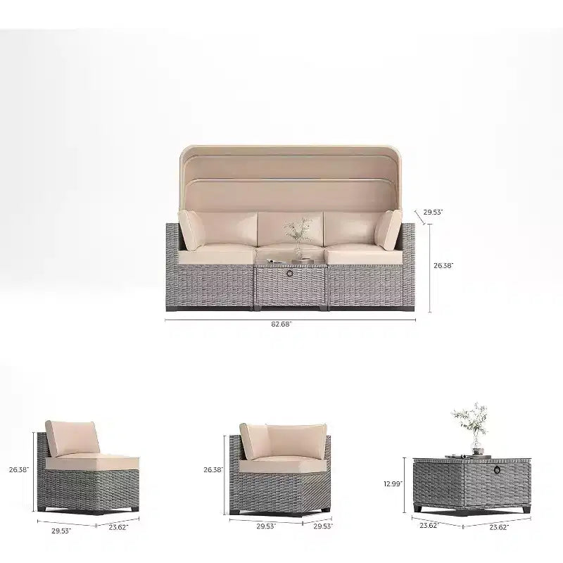 Ensemble de 6 chaises longues d'extérieur avec auvent rétractable, salon de jardin avec dossiers réglables, chaises longues