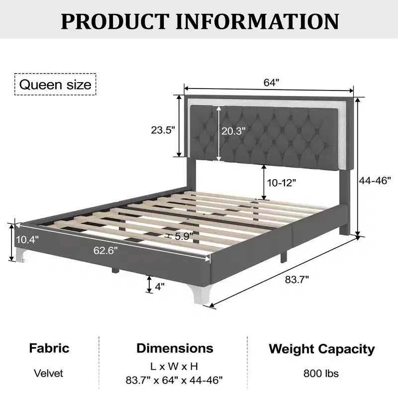 Ensembles 3 pièces Whisen, lit plateforme rembourré taille Queen et deux tables de chevet