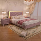Ensembles 3 pièces Whisen, lit plateforme rembourré taille Queen et deux tables de chevet