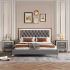 Ensembles 3 pièces Whisen, lit plateforme rembourré taille Queen et deux tables de chevet