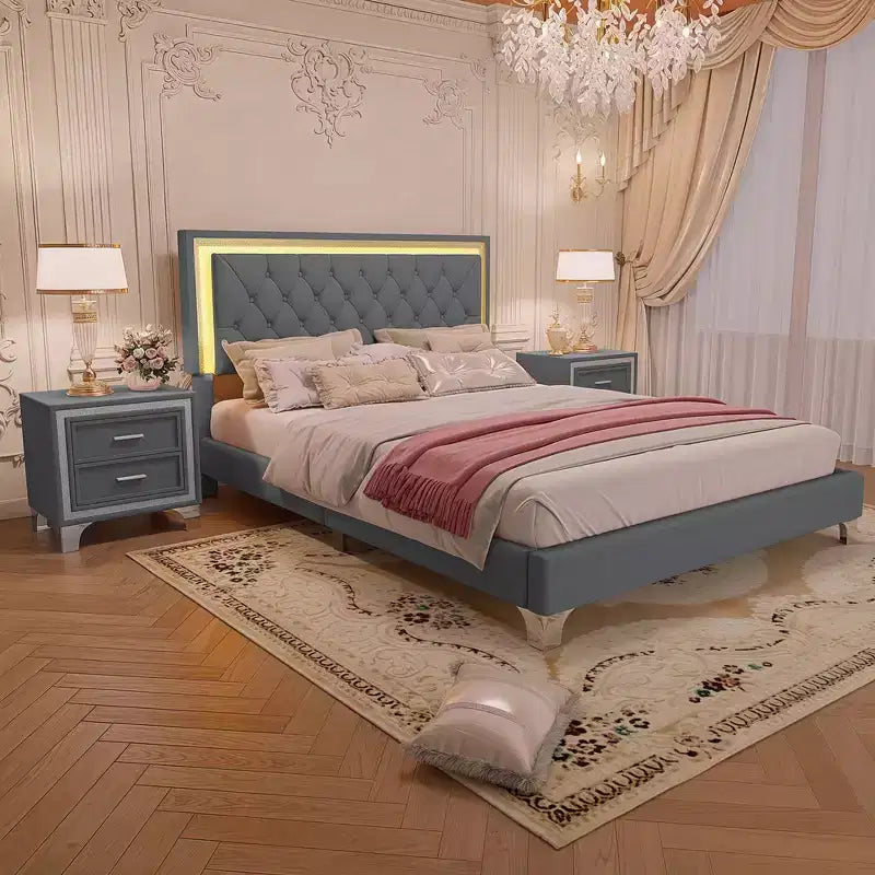 Whisen 3-Pieces Sets, Queen Size Upholstered Platform Bed and Two Nightstands