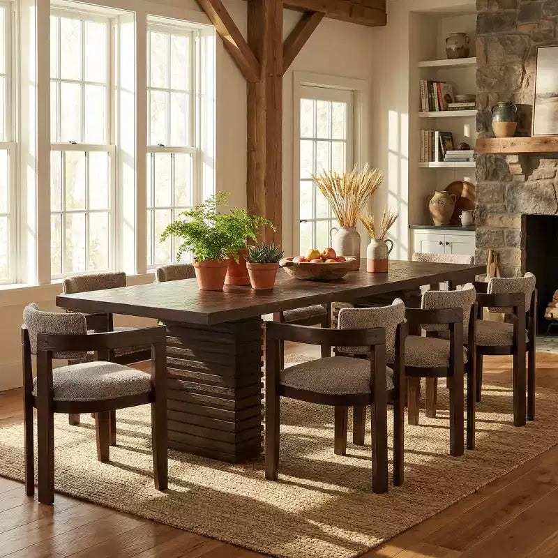 Christopher Knight Home Elena Farmhouse 9 Piece Dining Table with Rubberwood Upholstered Chairs