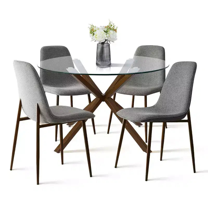 Olive+Oslo Ensemble de salle à manger 5 pièces pour 4, Table à manger ronde en verre avec 4 chaises de salle à manger rembourrées Pieds noyer-Panipeachy