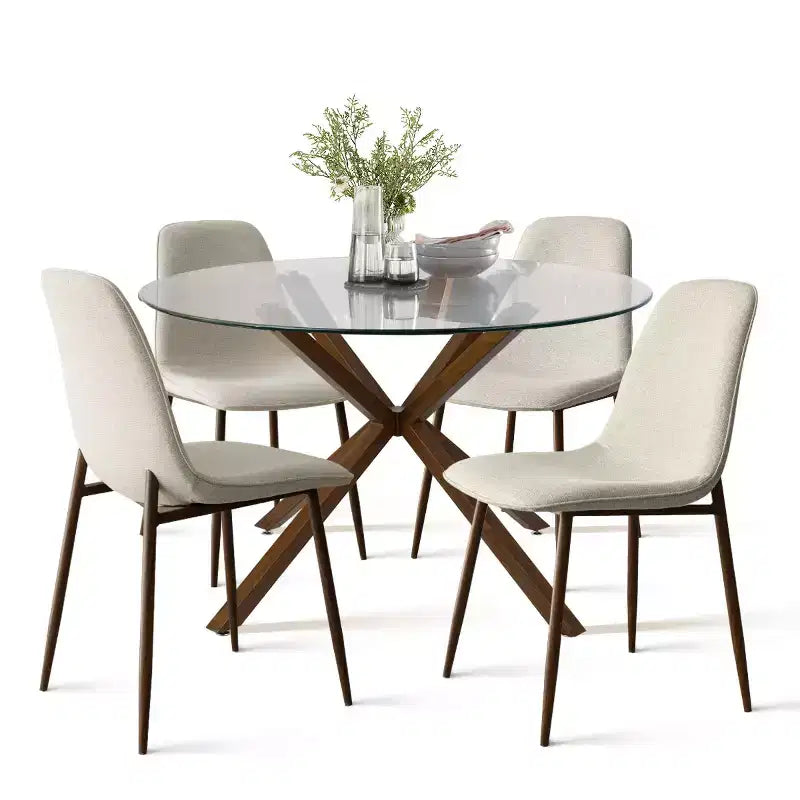 Olive+Oslo Ensemble de salle à manger 5 pièces pour 4, Table à manger ronde en verre avec 4 chaises de salle à manger rembourrées Pieds noyer-Panipeachy