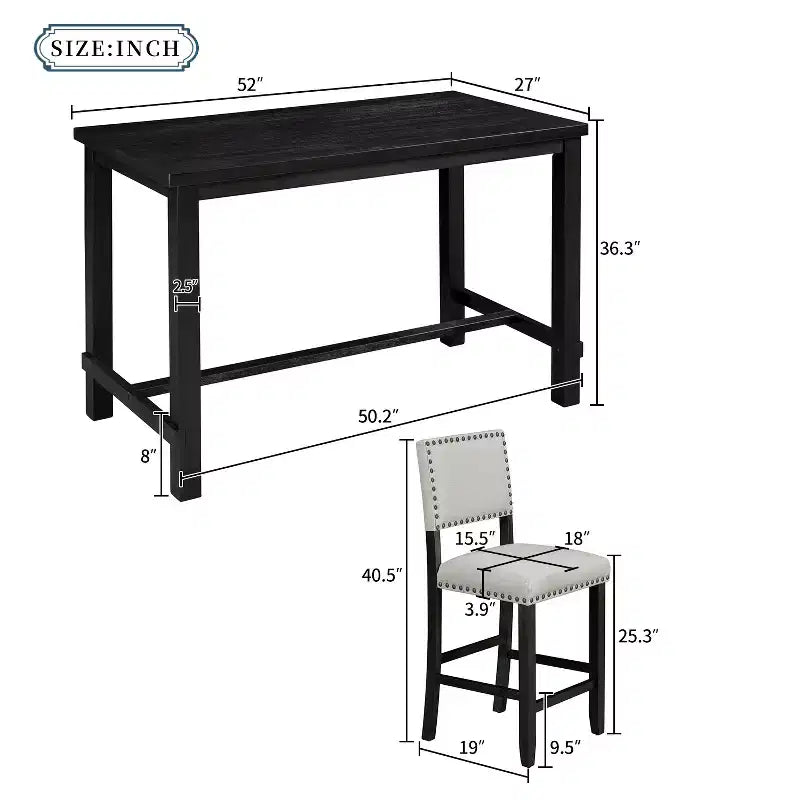 Ensemble de salle à manger 5 pièces, ensemble de salle à manger hauteur comptoir avec table rectangulaire classique élégante et 4 chaises rembourrées pour cuisine salle à manger