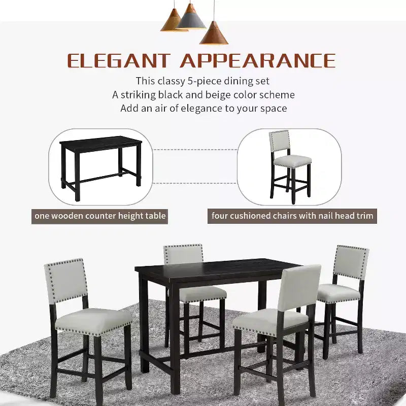 Ensemble de salle à manger 5 pièces, ensemble de salle à manger hauteur comptoir avec table rectangulaire classique élégante et 4 chaises rembourrées pour cuisine salle à manger