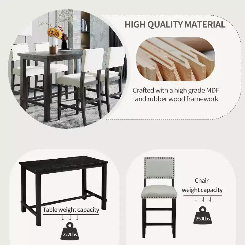 Ensemble de salle à manger 5 pièces, ensemble de salle à manger hauteur comptoir avec table rectangulaire classique élégante et 4 chaises rembourrées pour cuisine salle à manger