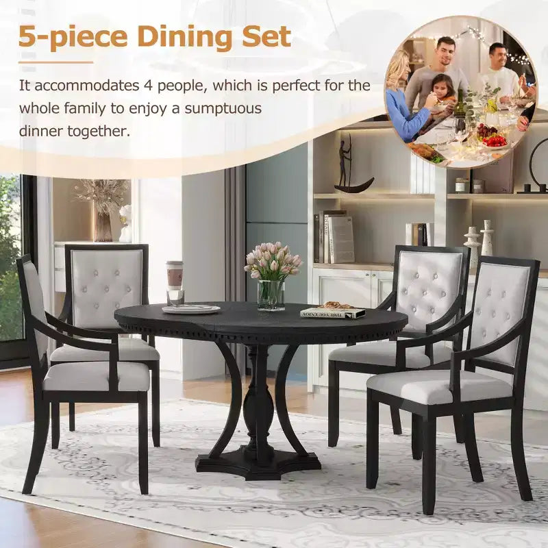 Ensemble de salle à manger rond de style ferme pour 4 personnes, table de cuisine extensible en bois avec 4 chaises rembourrées