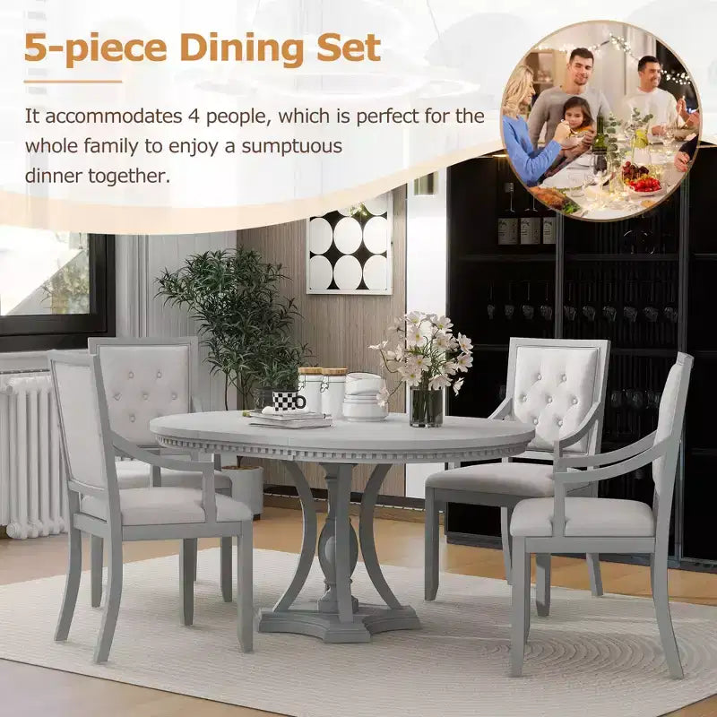 Ensemble de salle à manger rond de style ferme pour 4 personnes, table de cuisine extensible en bois avec 4 chaises rembourrées