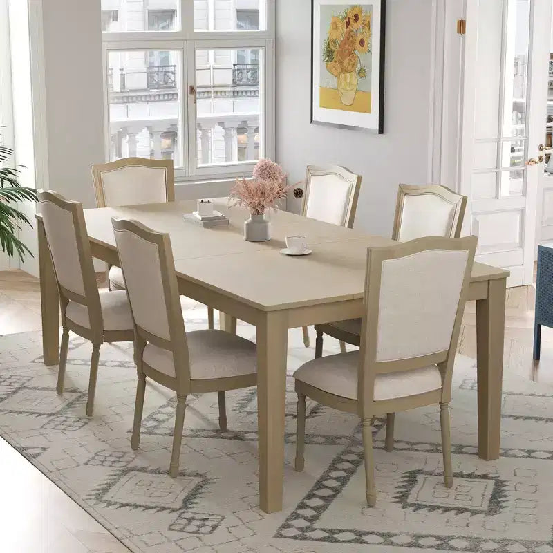 Ensemble de salle à manger rustique extensible pour 6 personnes, table à manger rectangulaire 7 pièces avec 6 chaises rembourrées, ensemble de table de cuisine avec 2 tiroirs