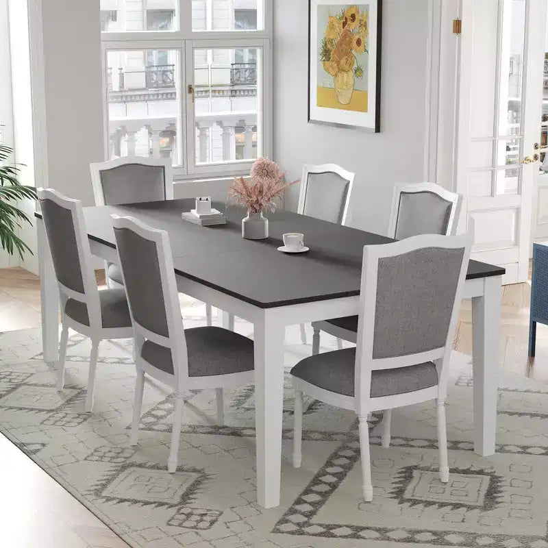 Ensemble de salle à manger rustique extensible pour 6 personnes, table à manger rectangulaire 7 pièces avec 6 chaises rembourrées, ensemble de table de cuisine avec 2 tiroirs