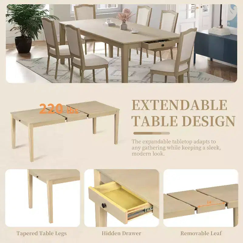 Ensemble de salle à manger rustique extensible pour 6 personnes, table à manger rectangulaire 7 pièces avec 6 chaises rembourrées, ensemble de table de cuisine avec 2 tiroirs