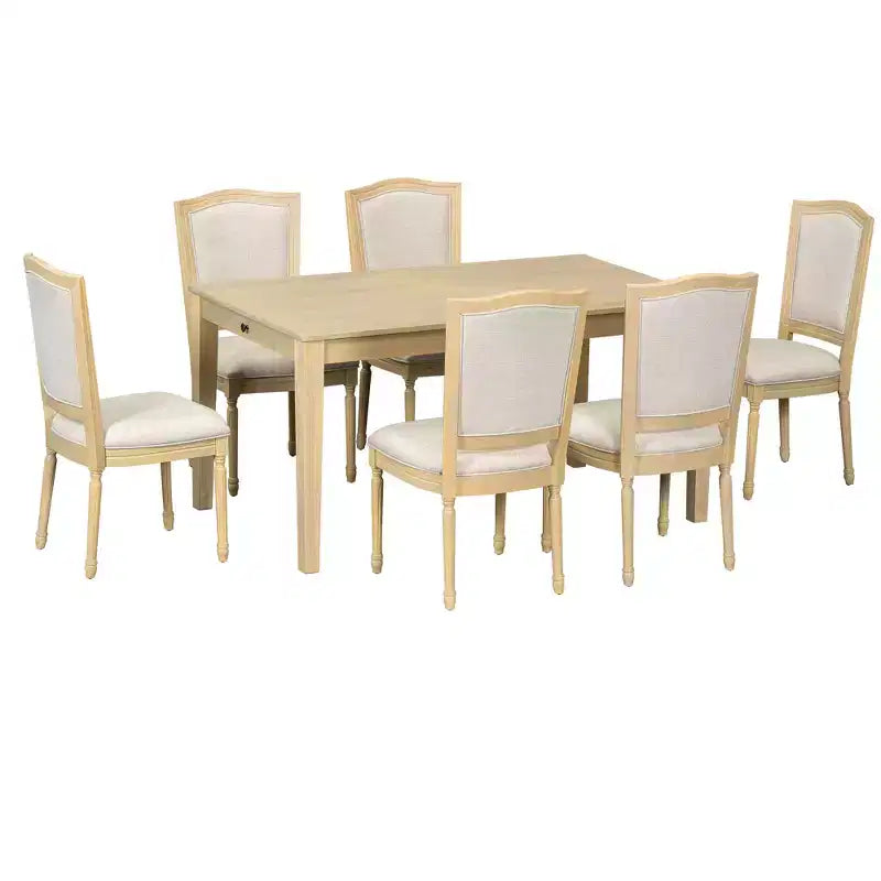 Ensemble de salle à manger rustique extensible pour 6 personnes, table à manger rectangulaire 7 pièces avec 6 chaises rembourrées, ensemble de table de cuisine avec 2 tiroirs