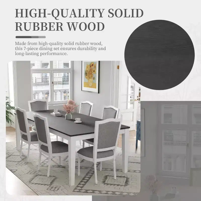 Ensemble de salle à manger rustique extensible pour 6 personnes, table à manger rectangulaire 7 pièces avec 6 chaises rembourrées, ensemble de table de cuisine avec 2 tiroirs