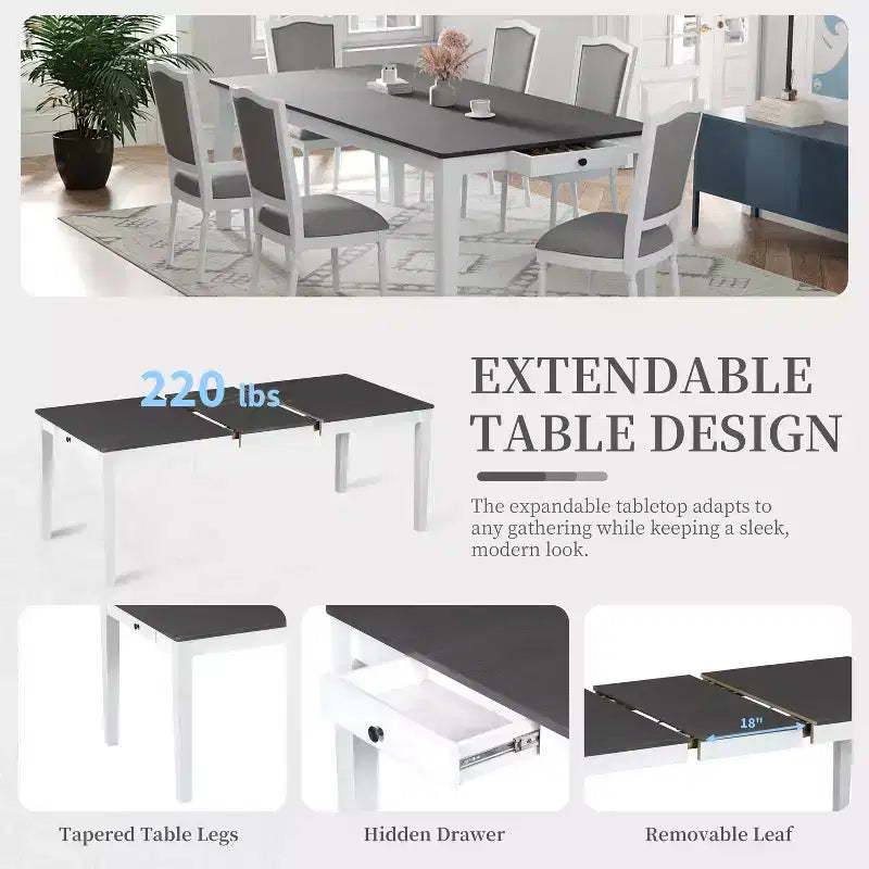 Ensemble de salle à manger rustique extensible pour 6 personnes, table à manger rectangulaire 7 pièces avec 6 chaises rembourrées, ensemble de table de cuisine avec 2 tiroirs